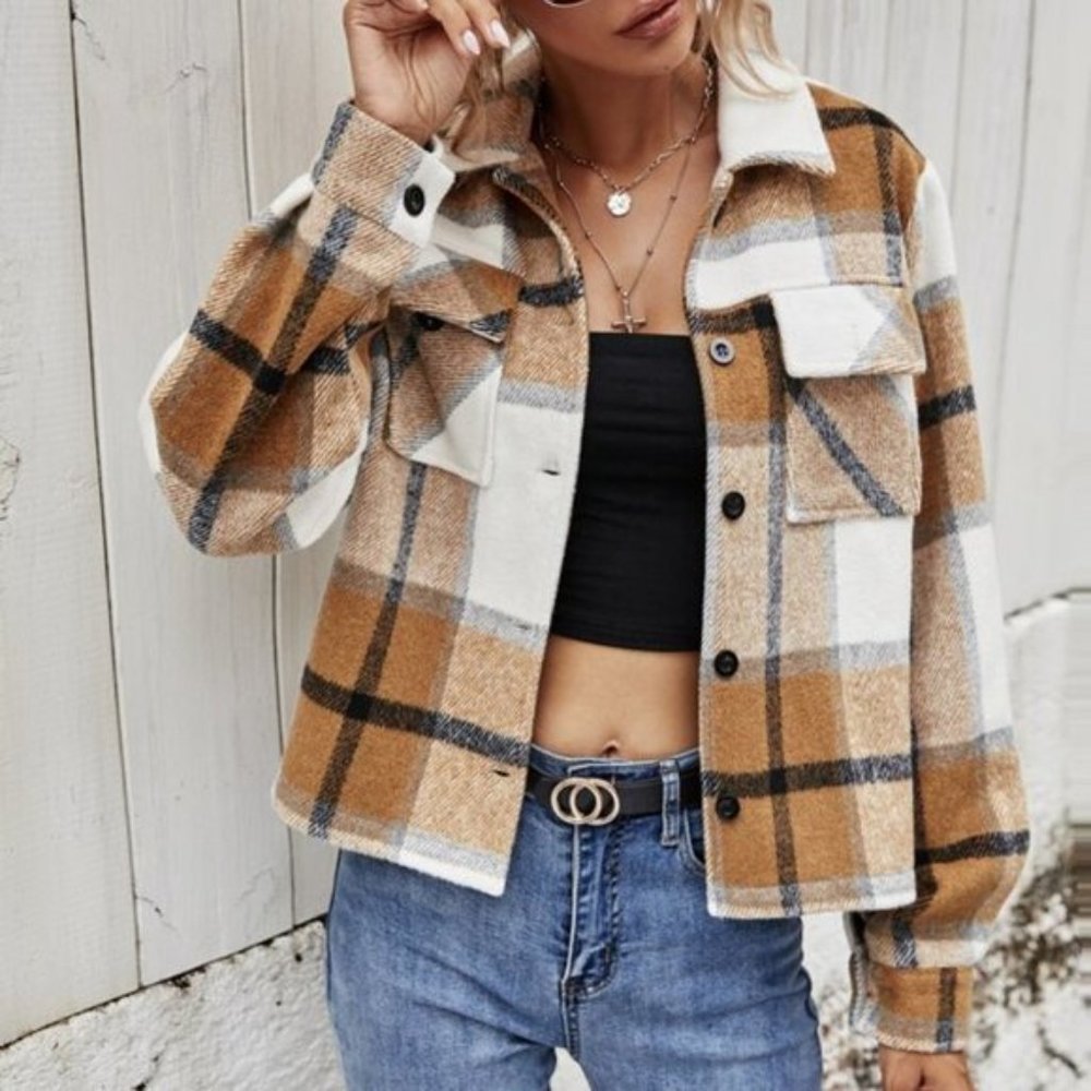Plaid Print Crop Jacket Button Down - Picture 2 of 5